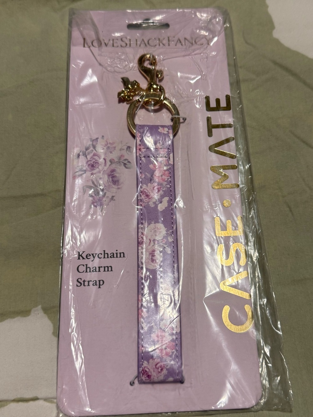LoveShackFancy Lavender Floral Keychain Strap with Gold Hardware